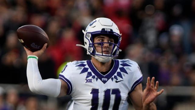 TCU's quarterback Josh Hoover (10) prepares to throw the ball against Texas Tech in a Big 12 football game, Thursday, Nov. 2, 2023, at Jones AT&T Stadium.